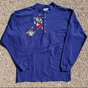 Vtg 1990s Disney Sorcerer Mickey Fantasia Embroidered Long Sleeve Henley (M)